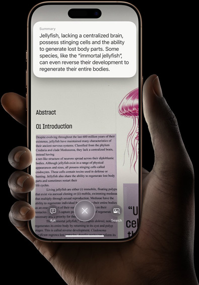Mão a segurar o iPhone 16 Pro que mostra resultados de uma pesquisa feita com a Inteligência visual.