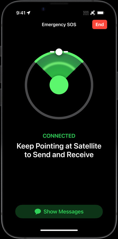 iPhone 16e com funcionalidades de ligação como Mensagens via satélite, Encontrar, Assistência rodoviária e SOS emergência.