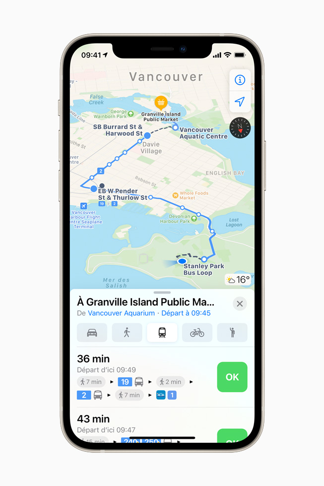 Informations en temps réel sur les transports en commun dans Plans sur iPhone 12.