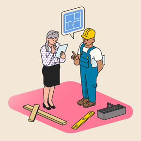 Eine Illustration einer Frau im Gespräch mit einem Bauunternehmer.