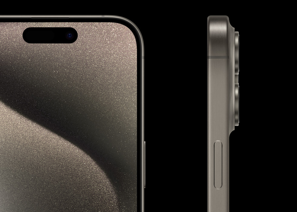 Nærbillede af Ceramic Shield-forsiden og de tynde og afrundede kanter på iPhone 15 Pro. 