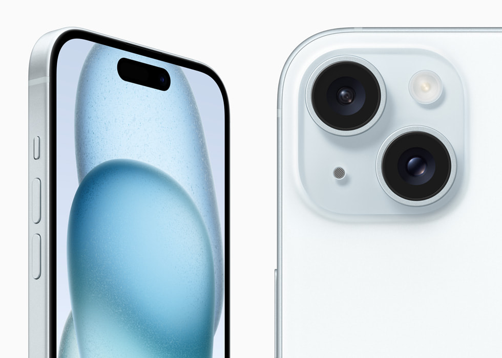 iPhone 15 i blå vises forfra og bakfra.