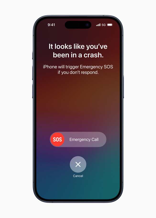 En forespørsel for Nødanrop (SOS) fra Registrering av ulykke-funksjonen vist på iPhone 15 Pro.