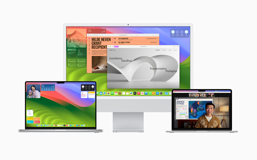 MacBook Pro、27インチiMac、MacBook Airに表示されたmacOS Sonoma。