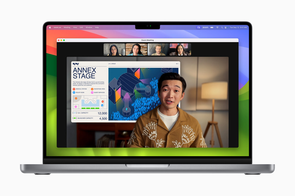 共有している書類の上に発表者が表示されている、MacBook Pro上でのビデオ会議。