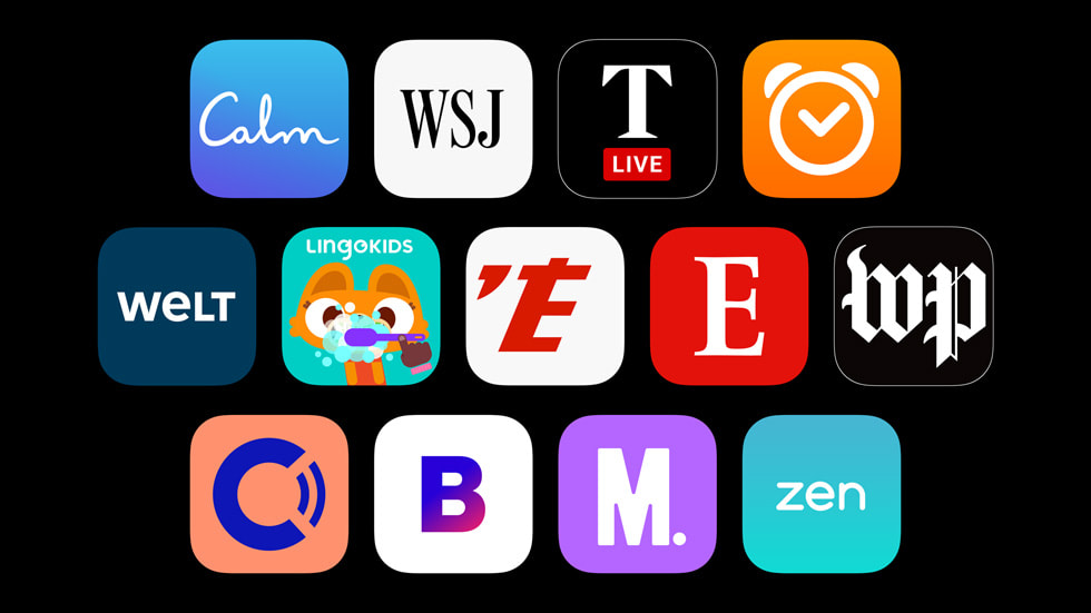 Appsymbolen tegen een zwarte achtergrond, waaronder die van Apple News, Calm, The Wall Street Journal, The Times, The Washington Post en Lingokids.