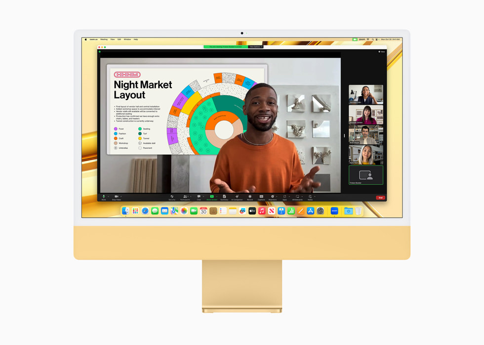 Videokonferanse vises på nye iMac med M3-chip i gul.
