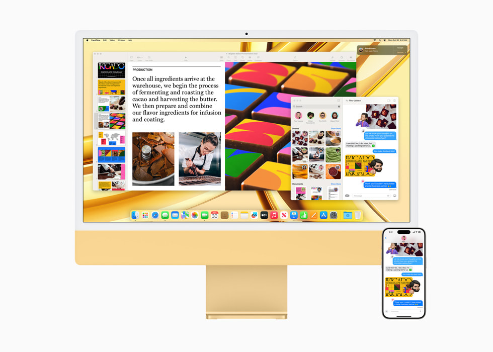Kontinuitet vises på nye iMac med M3-chip i gul ved siden av en iPhone 15 Pro.