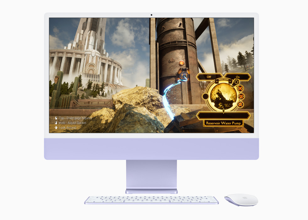 Spillet Firmament vises på nye iMac med M3-chip i lilla med tastatur og mus i matchende farge.