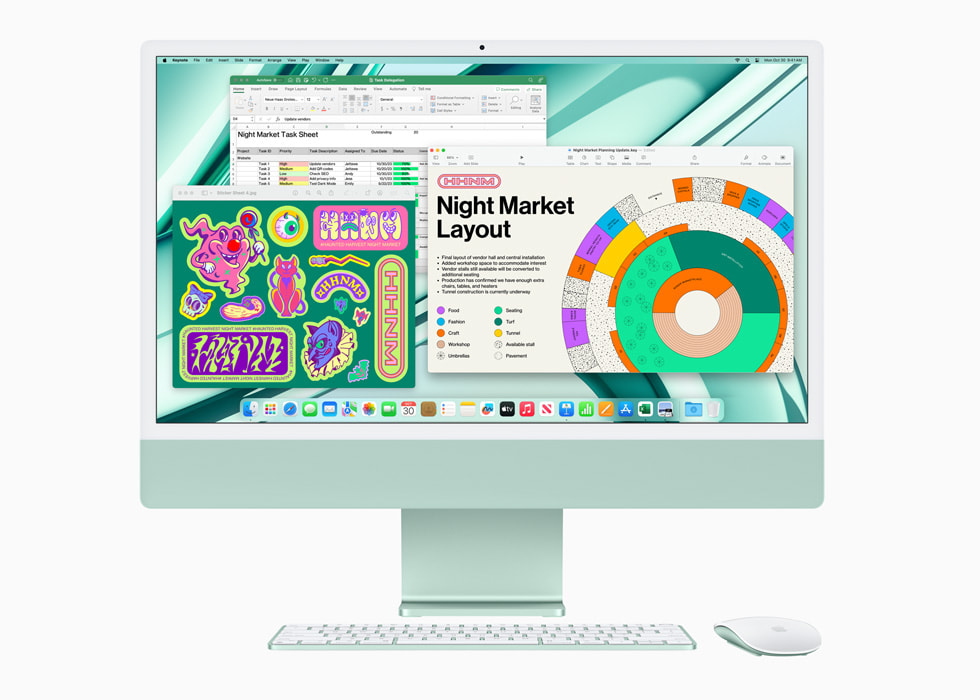 Forhåndsvisning, Microsoft Excel og Keynote vises på nye iMac med M3-chip i grønn med tastatur og mus i matchende farge.