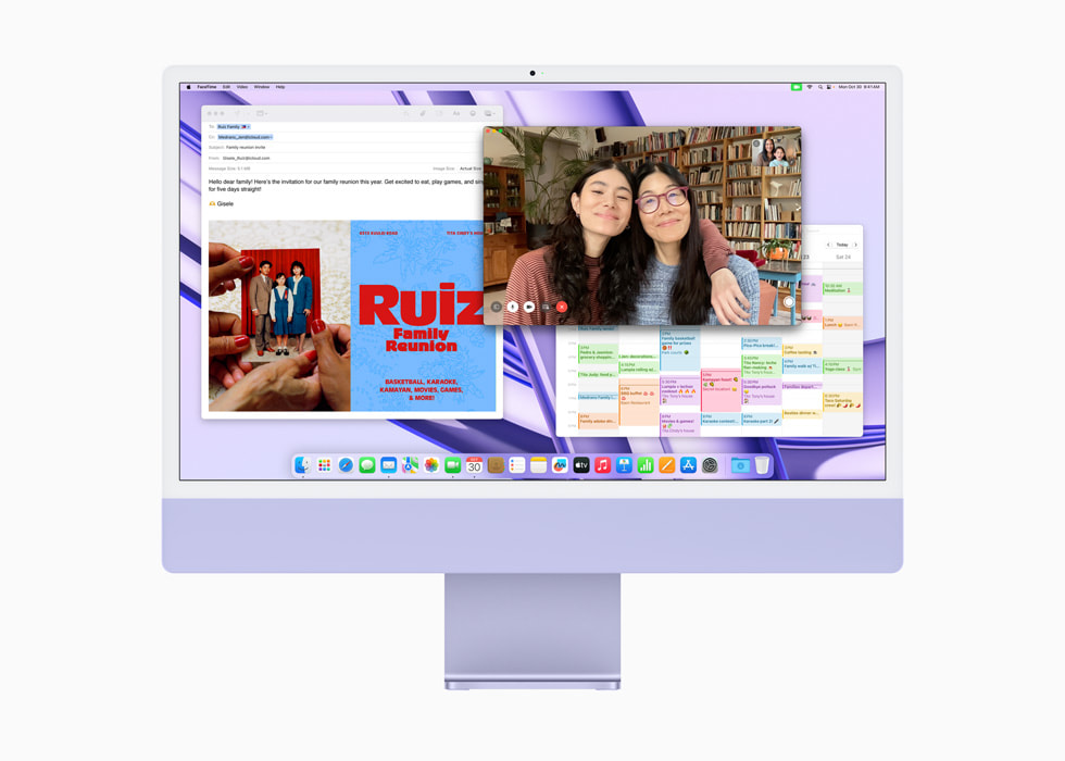 FaceTime, Kalender og Mail vises på nye iMac med M3-chip i lilla.