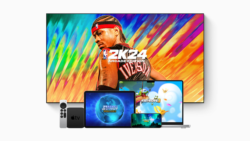 De nye Apple Arcade-spil NBA 2K24 Arcade Edition, Cut the Rope 3, Jeopardy! World Tour+ og Crossword Jam+ vises på Apple TV, iPad Pro (6- generation), iPhone 15 Pro og MacBook.