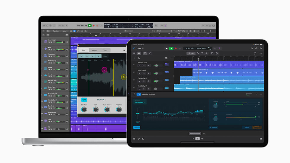 Mac ve iPad’de güncellenen Logic Pro deneyimi gösteriliyor.