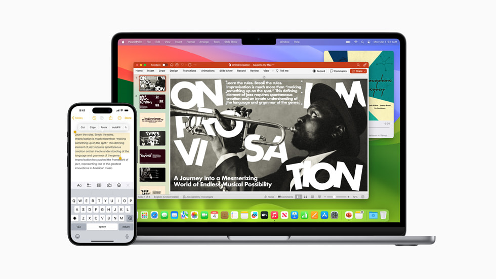 Kontinuitet-funksjonen vises på MacBook Air og iPhone 15 Pro, der en brukers PowerPoint-prosjekt vises på begge skjermene.