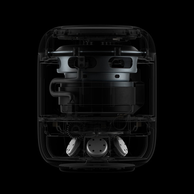 ภาพรายละเอียดภายในของ HomePod (รุ่นที่ 2) แสดงอยู่บนพื้นหลังสีดำ