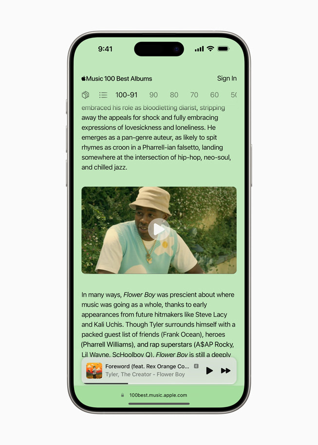 L’écran d’un iPhone 15 Pro affiche l’album « Flower Boy » sur le mini-site des 100 meilleurs albums.