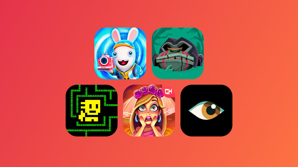 Collage de cinco íconos que representan los nuevos títulos que llegan a Apple Arcade en mayo y junio de 2024: Rabbids: Legends of the Multiverse, Return to Monkey Island+, Tomb of the Mask+, Fabulous - Wedding Disaster+ y Where Cards Fall.