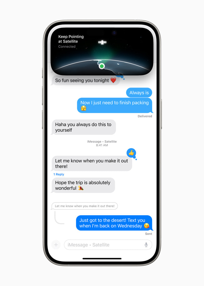 iPhone 15 Pro’da Uydu üzerinden Mesajlar özelliği gösteriliyor.