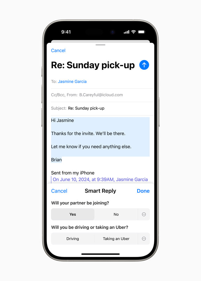 La prestación Smart Reply en un iPhone 15 Pro.