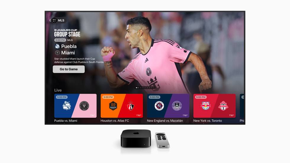 En MLS Season Pass-skärm med en bild på Lionel Messi och en match mellan Puebla och Miami. Längst ner på skärmen visas dessutom tre andra Leagues Cup-matcher startar samma tid.
