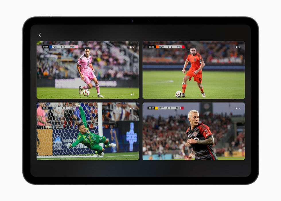 En MLS Season Pass-skräm på iPad Pro 11 tum med fyra olika direktsända matcher.