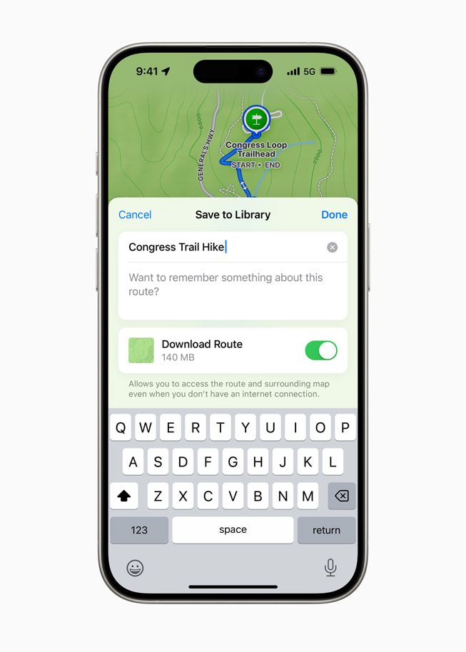 Se muestra una ruta guardada para un sendero de un parque nacional de Estados Unidos en un iPhone 15 Pro. 
