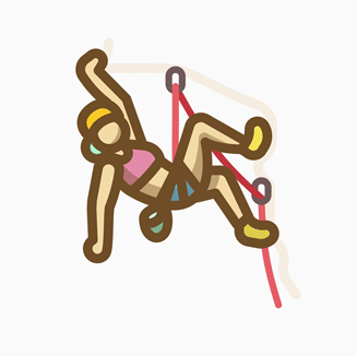 Primer plano de un sticker animado que tiene una persona escalando. 