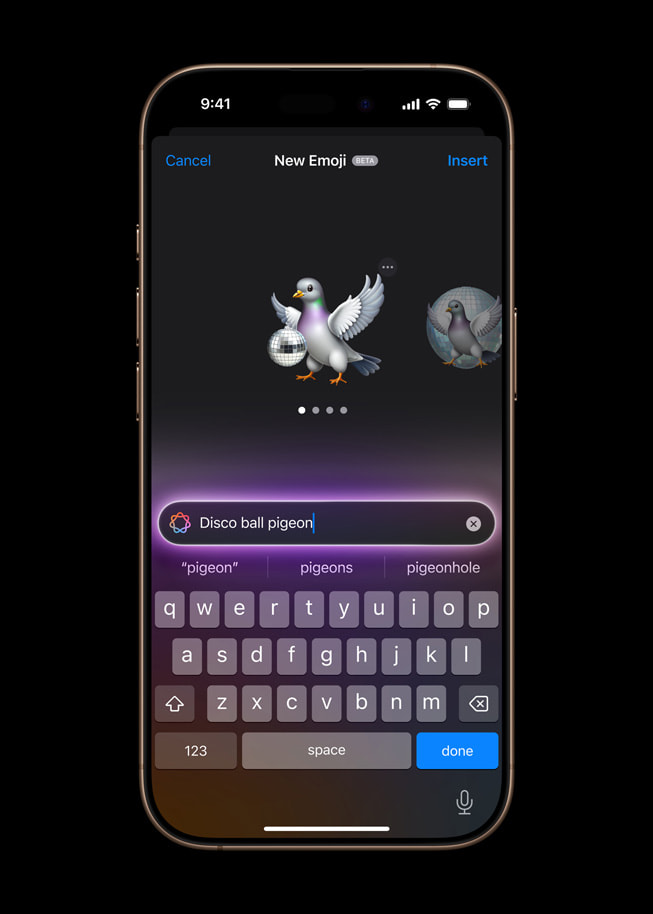 مستخدم يقوم بإنشاء رمز جنموجي فريد لحمامة ديسكو على iPhone 16 Pro.