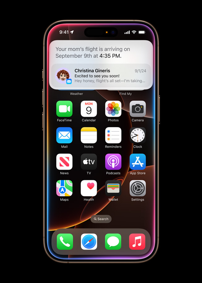 Siri يعرض على iPhone 16 Pro تفاصيل رحلة طيران والدة المستخدم.