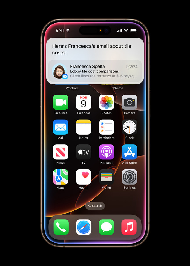 Siri يعرض على iPhone 16 Pro رسالة إيميل من صديق للمستخدم حول تكاليف البلاط.