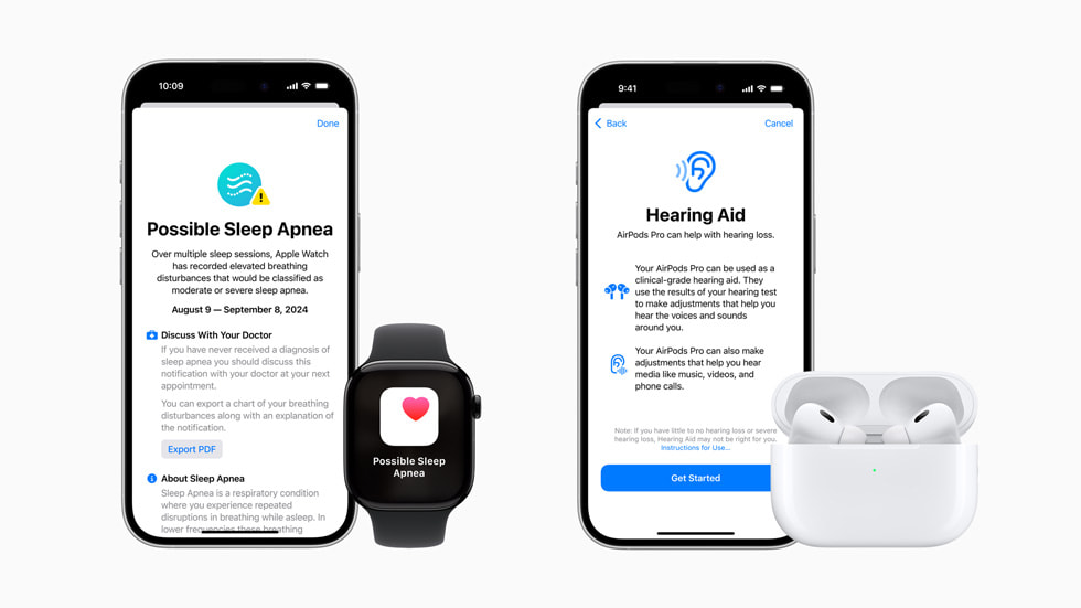 Dwa telefony iPhone 16 Pro prezentujące nowe funkcje Bezdech senny i Aparat słuchowy.