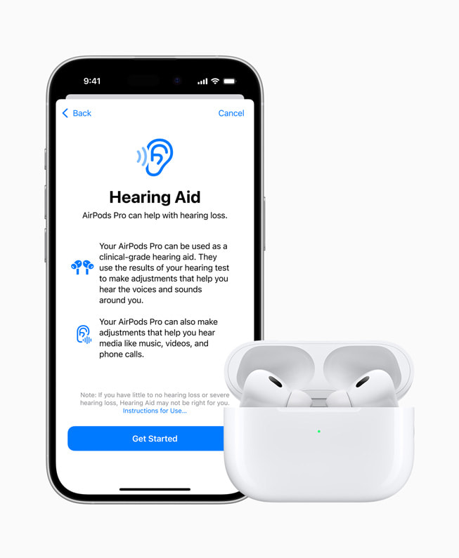 Funkcja Aparat słuchowy wyświetlona na ekranie iPhone’a 16 Pro sparowanego z AirPods Pro.