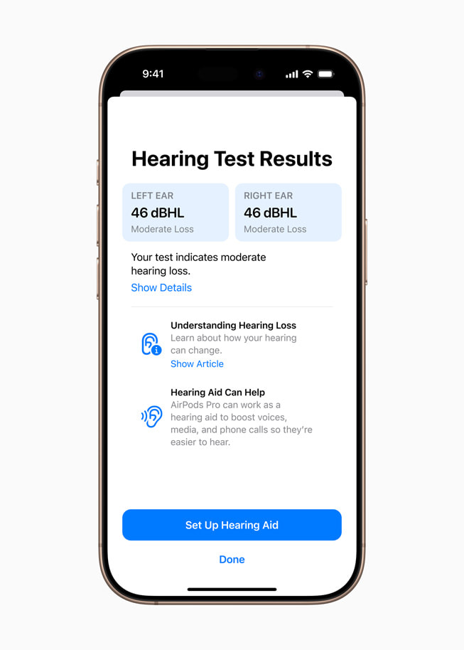 Ergebnissee eines Hörtests auf dem iPhone 16 Pro mit einem Paar AirPods Pro.