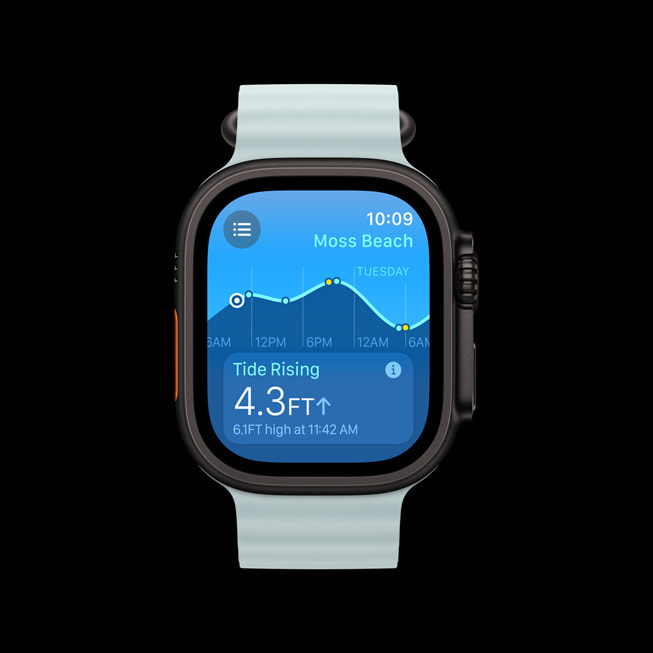 Une Apple Watch Ultra 2 affiche l’app Marées.