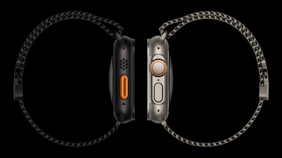 Nouveaux Bracelets Milanais en titane avec des Apple Watch Ultra 2 en titane noir et titane naturel.