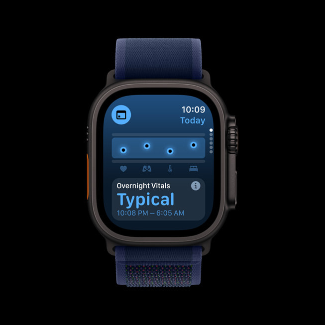 Une Apple Watch Ultra 2 avec watchOS 11 affiche l’app Signes vitaux.