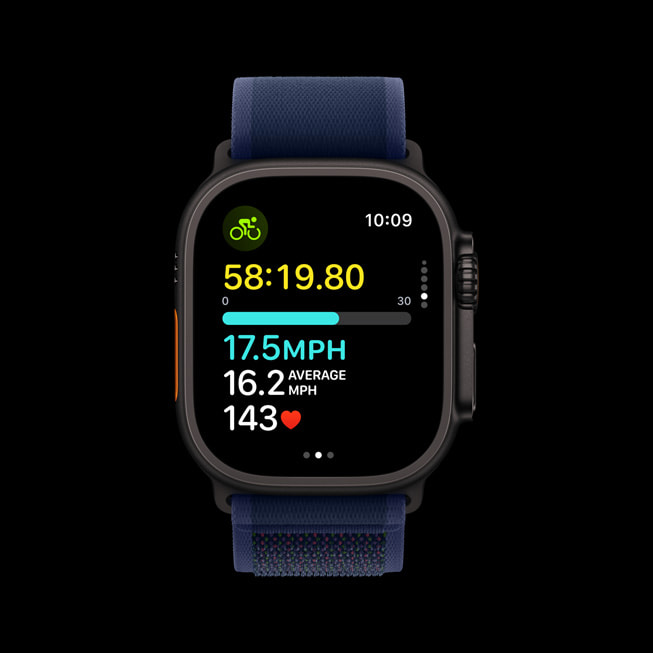 Une Apple Watch Ultra 2 affiche des données de cyclisme.