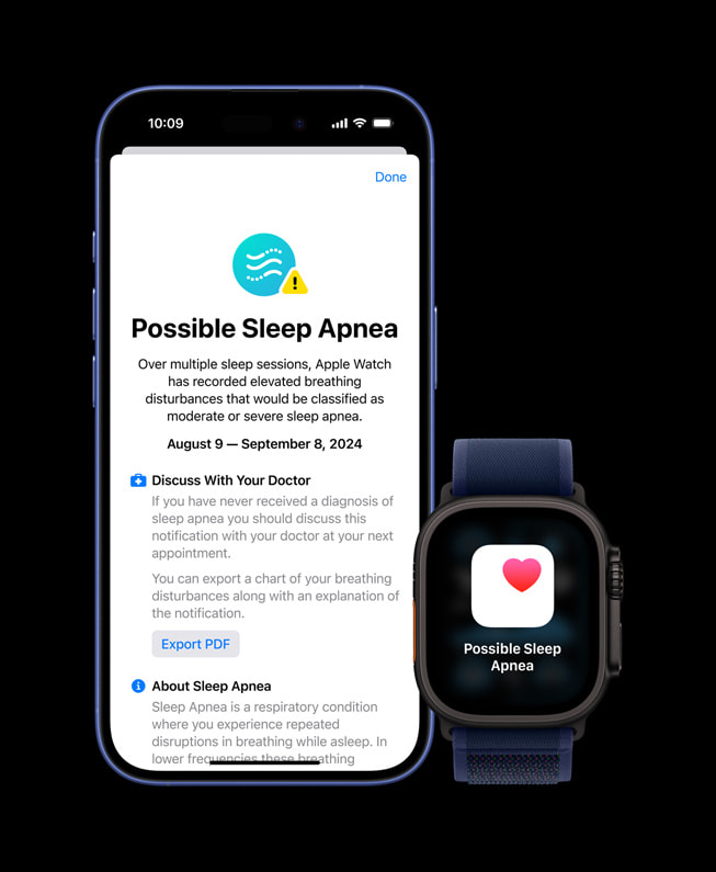 La détection de l’apnée du sommeil sur un iPhone 16 et une Apple Watch Ultra 2.
 