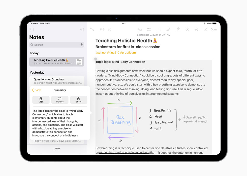 iPad Pro (รุ่น 11 นิ้ว) แสดงสรุปของโน้ตที่เขียนด้วยลายมือเกี่ยวกับการสอนเรื่องสุขภาพองค์รวม