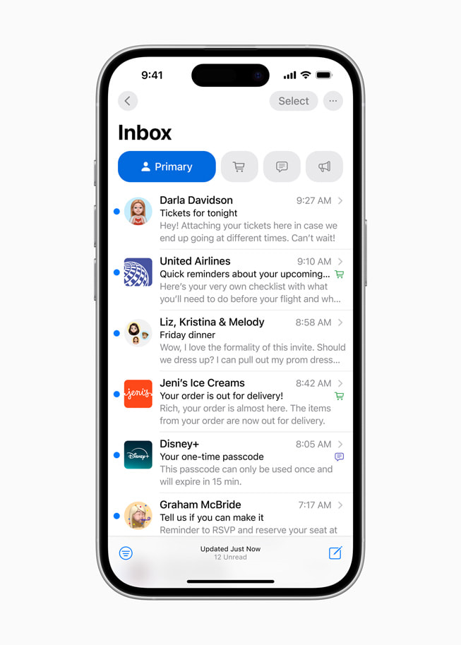 På iPhone 16 Pro viser en brugers indbakke mails med branding fra forskellige virksomheder.