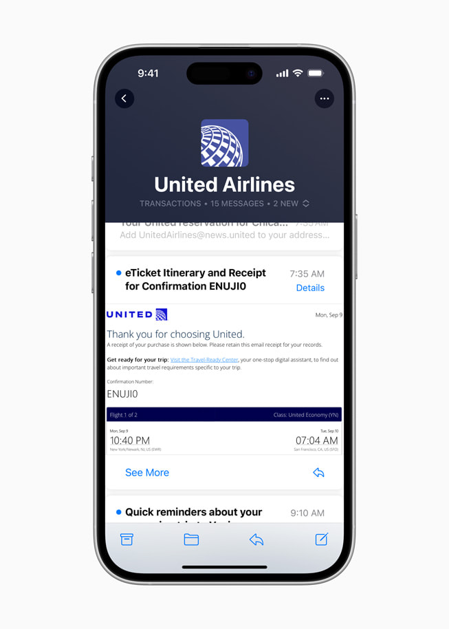 På iPhone 16 Pro dukker en mail med branding fra United Airlines op i en brugers indbakke.