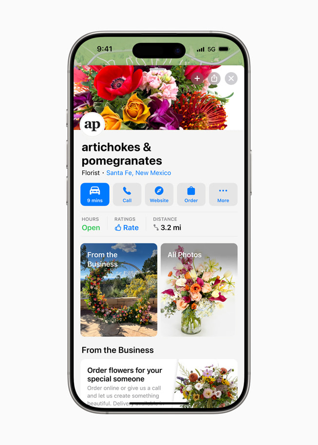 På iPhone 16 Pro viser en virksomheds stedbeskrivelse fotos.