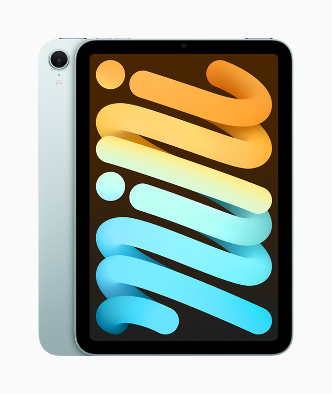 Le nouvel iPad mini est montré dans son nouveau fini bleu.
