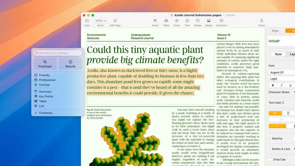 Un écran affichant les outils d’écriture, avec du texte d’un article scientifique surligné et des options de révision et de réécriture.