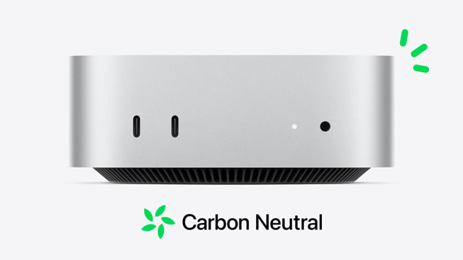 Mac mini et logo de carboneutralité.