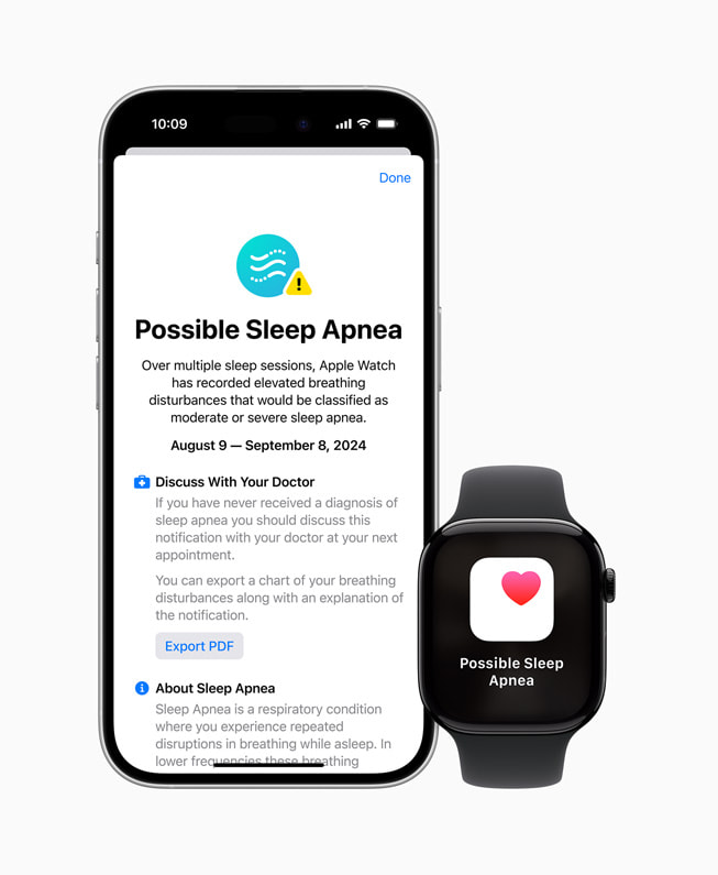 iPhone 16 Pro وApple Watch Series 10 يعرضان شاشات داخل تطبيق صحتي تحمل إشعار "انقطاع النفس النومي المحتمل"، وتوفر شاشة iPhone 16 Pro مزيداً من المعلومات.
