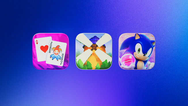 Symboler representerer finalistene til årets Apple Arcade-spill i 2024: Balatro+, Outlanders 2 og Sonic Dream Team.
