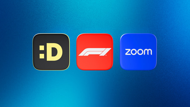 Symboler representerer finalistene til årets Apple TV-app i 2024: DROPOUT, F1 TV og Zoom.