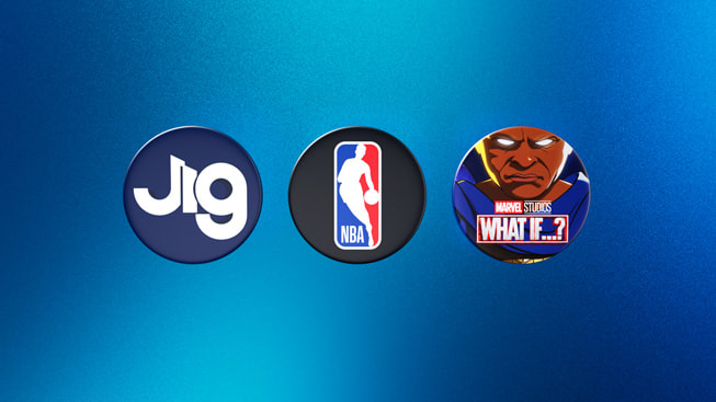 Symboler representerer finalistene til årets Apple Vision Pro-app i 2024: JigSpace, NBA og What If…? An Immersive Story.