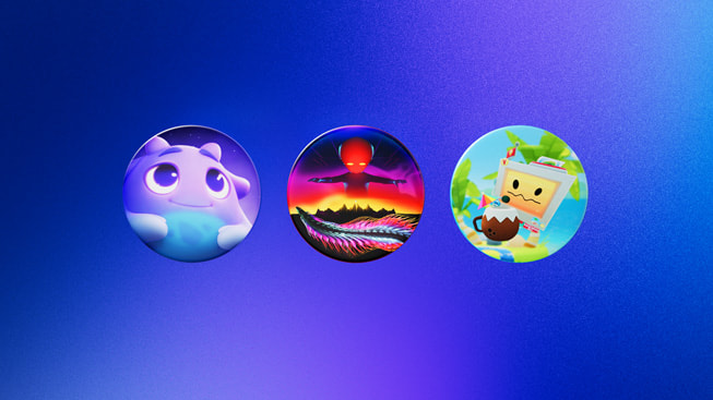 Symboler representerer finalistene til årets Apple Vision Pro-app i 2024: Loóna, THRASHER og Vacation Simulator.